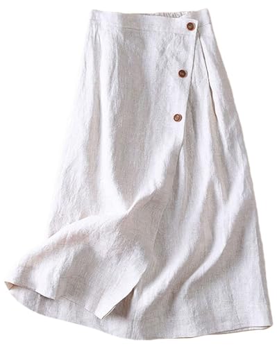 ebossy Women's Summer Linen Skirts Casual Elastic Waist Buttoned A-Line Midi Skirts with Pockets