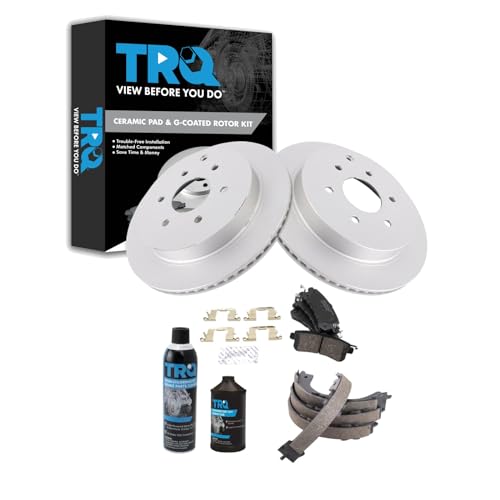 Image of TRQ Rear Brake Pad & Rotor Kit, with Chemical Kit Parking Brake Shoe Set Ceramic Premium G-Coated Compatible with 2011-2013 Infiniti QX56 2014-2017 QX80 2017 Nissan Armada