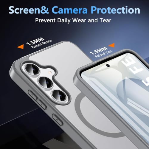 Image of Elzzi MagSafe Compatible Case for Samsung S25 FE Translucent Matte Bottom Kickstand Shockproof Slim Anti-Fingerprint Magnetic Hybrid Protective Cover (Grey)