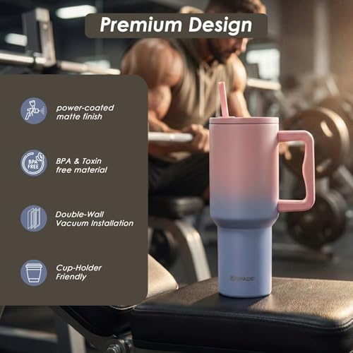 Image of 1200ml Stainless Steel Tumbler Water Bottle with Handle, Straw | Double Insulated Hot & Cold Leak-Proof Sipper Bottle for Coffee, Travel, Gym, Office & Home (Pink)