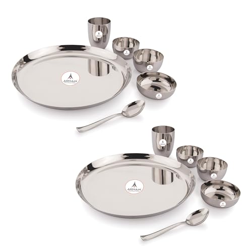 Arham Stainless Steel Dinner Set 12 Pieces (2 Sets)|Premium Saffron Thali Set | Dinner Set Combo | Durable and Long Lasting Dinner Set | 2 Thali,4 Bowls, 2 Mini Sweet Dish Plate, 2 Glass and 2 Spoons (B0BKQNKTWC) Amazon Price History, Amazon Price Tracker