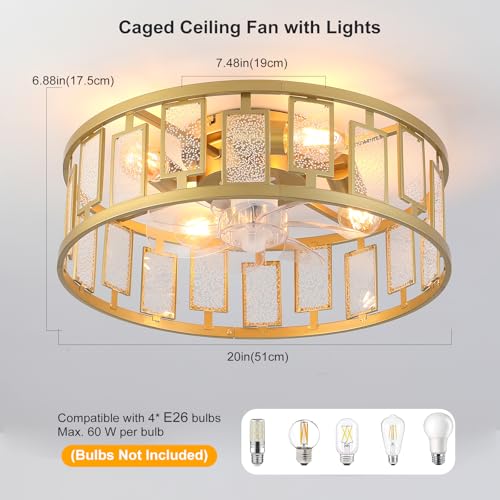 Image of Garwarm 20IN Caged Ceiling Fan with Light,Flush Mount Ceiling Fans with Lights and Remote,Bladeless Fandelier Low Profile Ceiling Fan Light Fixture for Bedroom,Kitchen,Dining Room, Gold
