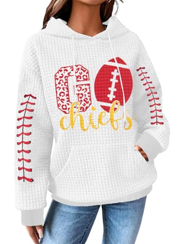 BANGELY Game Day Hoodie Women Football Graphic Sweatshirt Football Team Fan Pullover Football Season Waffle Knit Weekend Tops