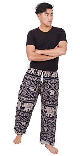 Banjamath® Calça masculina para ioga harem lounge, boho, paraquedas folgada, Cintura com cordão azul