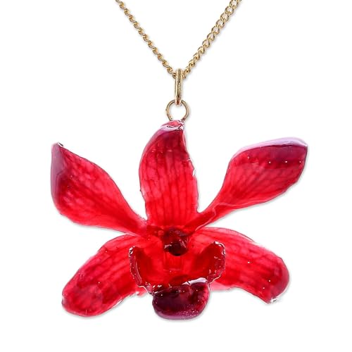 NOVICA Artisan Handmade Gold Accented Natural Orchid Pendant Necklace Redpurple Plated Flower Leaf Thailand Floral [necklace Length 18.5 in L Necklace Width 2 mm W Pendant(s) 1.2 in L x 1.6 ]