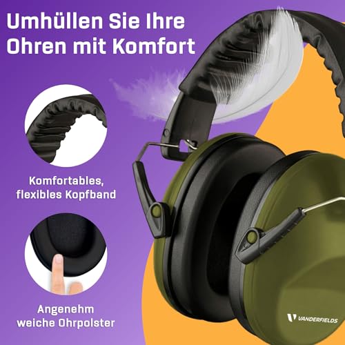 Foto von Vanderfields Premium Gehörschutz-Kapselgehörschutz - Breitspektrum-Schallreduzierung 29 dB bei 2 K Hz Lärm Kopfhörer - Erwachsene + Jugendliche - Grün