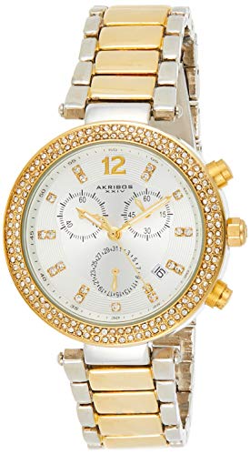 Akribos XXIV Women's Chronograph Diamond Watch - 3 Swiss Quartz Multifunction Subdials - 2 Rows of Crystal on Bezel on Stainless Steel Bracelet - AK529