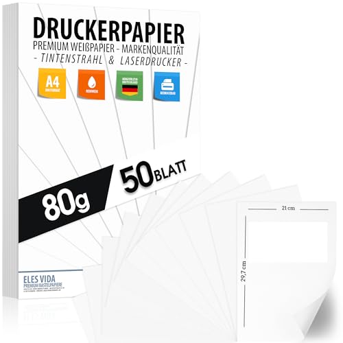 Papel para impresora A4, 80 g, color blanco, 50 hojas, papel premium blanco puro, DIN A4, 21 x 29,7 cm, papel de copia, impresora láser y inyección de tinta para universidad, fotografía,