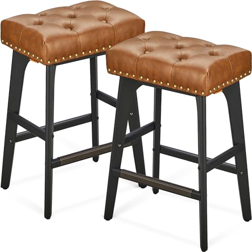 VASAGLE Bar Stools Set of 2, Counter Height Bar Stools, 26-Inch Kitchen Counter Stools with Wooden Legs, PU Leather Barstools Upholstered Stools for Kitchen Island Dining Room, Coffee Brown ULBC085K01