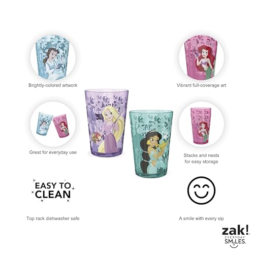 Image of Zak Designs 14.5oz Disney Princess Nesting Tumbler Set Includes Durable Plastic Cups, Fun Drinkware is Perfect for Kids, 4pk (14.5oz, Belle & Jasmine & Ariel), PYRP-0731