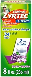 Zyrtec 24 Hour Children's Allergy Syrup with Cetirizine HCl, Antihistamine Allergy Medicine for Indoor & Outdoor Allergy Relief for Kids, Dye-Free & Sugar-Free, Grape Flavor, 8 fl. oz
