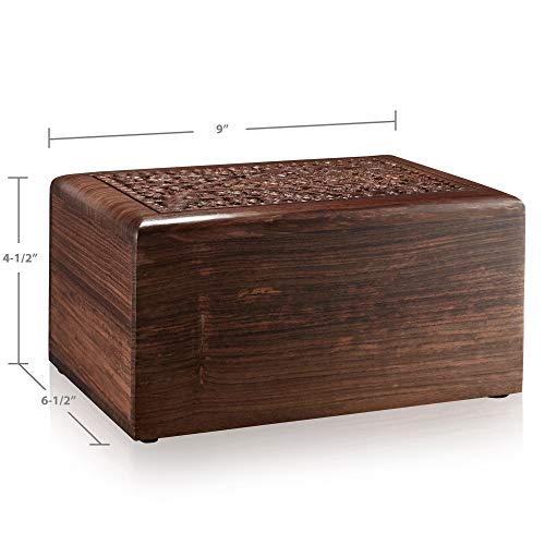 Reminded Rosewood Hand-Carved Floral Urn Box Cremation Memorial With Velvet Bag - Large #TOP2