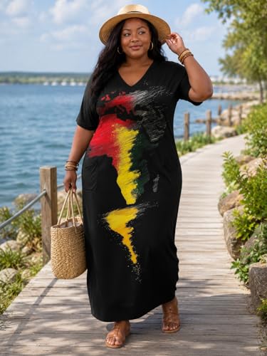 Image of Plus Size Maxi Dress for Women Short Sleeve V Neck Casual Loose Sundress with Pockets