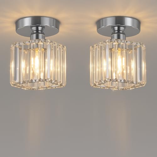 Image of 2 Pack Crystal Ceiling Lights Chrome Semi Flush Mount Glass Chandelier