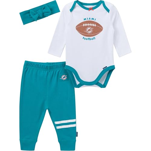Gerber NFL Team Baby Girls' 3-Piece Onesie Bodysuit, Pants & Headband Set, Dolphins, 0-3 Months