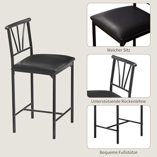 VECELO Bartisch mit Barhocker Set, Stehtisch mit 2 PU-gepolsterten Stühlen und 3 Seitenregalen, Küchentisch im Industrie-Stil für Esszimmer, Küche oder Wohnzimmer, Vintagebraun