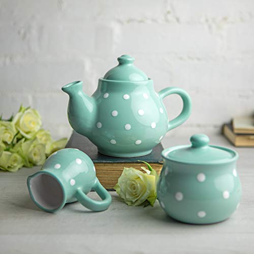 City to Cottage® Teal Blue and White Polka Dot Handmade Ceramic Teapot, Milk Jug, Sugar Bowl Set
