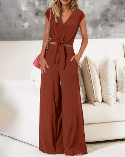 Image of PRETTYGARDEN Women's Summer 2 Piece Outfits 2026 Cap Sleeve V Neck Belted Crop Tops Wide Leg Pant Sets Casual Tracksuit