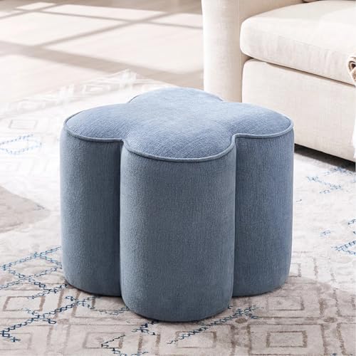 Image of Zesthouse Flower Pouf Ottoman Foot Rest, Linen Fabric Poofy Ottoman Stool | Large Ottoman Footstool for Couch, Modern Living Room Stool Seat, Cute Square Vanity Stool for Bedroom, Blue Dorm Foot Stool