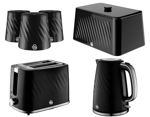 Image of Swan Windsor Kitchen Set in Black - 1.7L 3KW Kettle, 2 Slice Toaster, Breadbin & 3 Canisters. Contemporary Matching Set in Black with Textured Finish with Chrome Accents