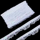 letsinstyle 11 Yarda de Encaje Plisado de 1.18 Pulgadas con Lentejuelas, Cinta Elástica Blanca con Borde de Lentejuelas Y Volantes, Cinta de Organza Transparente con Cuentas Y Fruncida para Coser