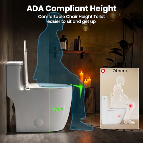 Casta Diva One Piece Toilet Elongated with 17.5\" ADA Height Comfort Chair Seat Compact Modern Toilets for Bathroom, Dual Flush High Efficiency 1.0/1.28 GPF & MAP 1000g, 12\'\' Rough-in, White