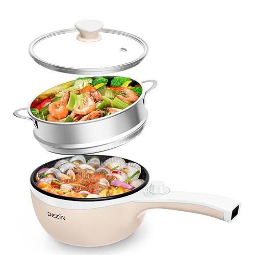 DEZIN Hot Pot Electric with Steamer Upgraded, Non-Stick Sauté Pan, Rapid Noodles Electric Pot, 1.5L Mini Pot for Steak, Egg, Fried Rice, Ramen, Oatmeal, Soup with Power Adjustment (Egg Rack Included)