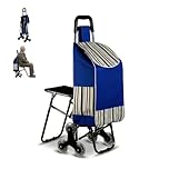 Foldable Shopping Trolley with Seat, Stair Climber Grocery Cart, Folding Shopping Cart with Wheels, Portable Grocery Trolley for Elderly, Heavy Duty Personal Shopping Bag on Wheels (Blue)