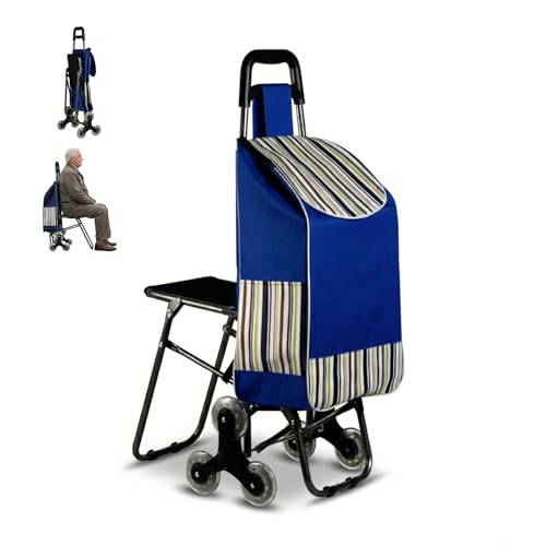 Image of Stair Climbing Shopping Trolley with Seat, 6 Wheel Foldable Grocery Cart, Large Capacity Bag with Metal Frame, Lightweight Waterproof Oxford Cloth for Market, Laundry, Travel (Blue)