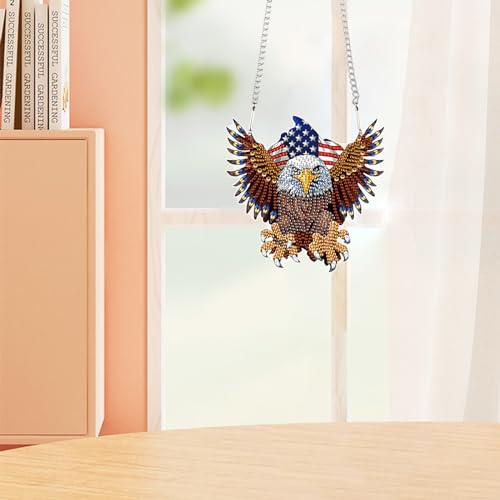 Image of DIY Diamond Art Hanging Kits for Adults, Patriotic American Flag Owl Special Shaped Crystal Diamond Painting Ornament, Acrylic Window Suncatcher Pendant with Chain for 4th of july Home Decor Gift