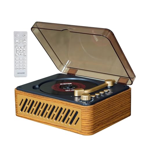 Retro CD Player with Speakers, Bluetooth Portable CD Player for Home & Car, FM Radio, AUX/USB, Remote Control, Wooden Design – Ideal Gift (Retro-Gold)