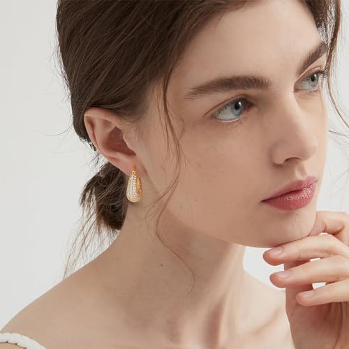 Gold Huggie Hoop Earrings 14K Gold Plated Dainty Chunky Thick Hoop Diamond Cubic Zriconia Inlay Sleeper Tiny Delicate Boho Beach Simple Hypoallergenic Jewelry Gift for Her4