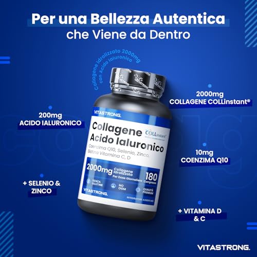 COLLAGENE IDROLIZZATO 2000MG Vitastrong - COLLinstant® Collagene e Acido Ialuronico con Biotina, Coenzima Q10, Zinco, Selenio, Vitamina C, Vitamina D - Formula Efficace - Qualità Premium - 2