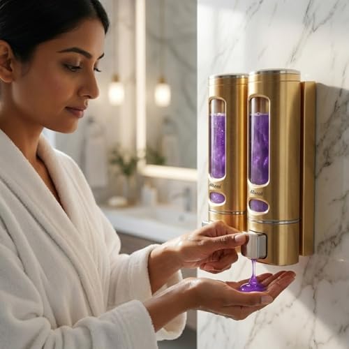 Image of ALTURAS Wall Mounted Liquid Soap Dispenser, ABS, 400 ML, for Shampoo, Sanitizer and Gel Handwash Dispenser (400 ML Gold Combo)