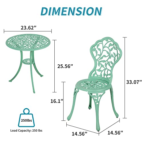 Verano Garden 3 Piece Outdoor Bistro Set, Rust-Resistant Cast Aluminum Patio Bistro Set Antique Finish, Weather Resistant Patio Table And Chairs, Outdoor/Indoor Use, Teal #TOP5