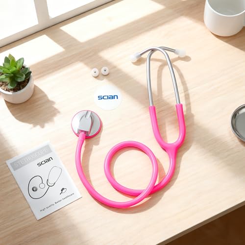 Scian Leichtes Stethoskop für Ärzte, Krankenschwestern, Studenten, Erwachsene, Einkopfstethoskope mit schwarzem Rohr, silbernes Bruststück-Headset für den Heimgebrauch (Rosa)