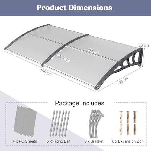 COSTWAY Vordach für Haustür 199 x 99 cm, Überdachung aus Aluminium und Polycarbonat, Transparentes Pultbogenvordach, Haustürvordach, Pultvordach, Haustürdach, Türvordach für Eingangsbereich (Silber)
