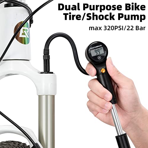 Rockbros Bike Tire/Shock Pump Portable Bicycle Pump, 320Psi High Pressure For Rear Shock & Suspension Fork, Presta And Schrader Valves Compatible, With Digital Pressure Gauge #TOP1