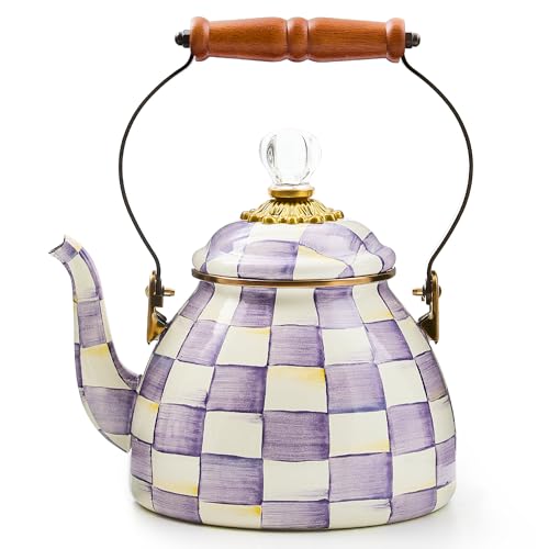 Image of MACKENZIE-CHILDS Tea Kettle, 2 Quarts, Purple-and-White Violet Check