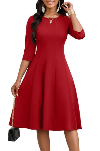 Image of CLOCOR Casual Midi Dresses for Women A-Line Fit and Flare Elegant Church 3 /4 Sleeve Crew Neck Dress with Pocket