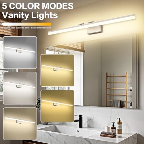 Image of SOLFART 5 Color Temperature Dimmable 47.2 Inch Bathroom Light Fixtures Over Mirror Brushed Nickel Vanity Lights for Bathroom Modern LED Light Fixture 5CCT