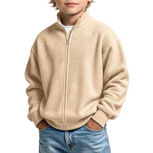 Boys Jacket Waffle Knit Zip Up Hoodie Stand Collar Sweatshirts Size 10-12 - image 2