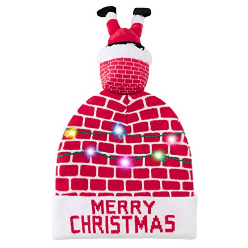Belovecol Bonnet de Noël à LED - Bonnet tricoté pour fête - Éclairage - Unisexe - Rouge Cover