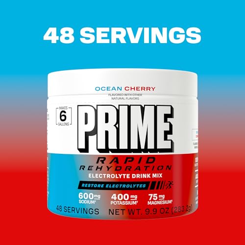 Image of Prime Rapid Rehydration Electrolyte Powder, Ocean Cherry, Sugar Free Hydration Drink Mix with Sodium, Potassium, Magnesium & B Vitamins to Replenish Fluids, Caffeine Free, 6 Gallon Tub, 48 SRV
