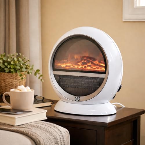 Marco Paul 1500W White Free Standing Electric Fireplace Heater with Realistic LED Flame and Log Effect Energy Efficient Low Energy Silent Mains Powered Fan Space Heater for Home