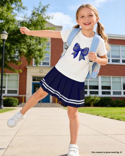 Image of Betusline Girls Skirt Set JK School Uniform 2-Piece Outfit - Short Sleeve & Webbing Solid Skirt,Bow Navy Blue,4-5T = Tag 120