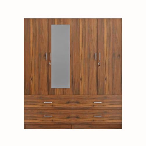Image of VIKI Wardrobe | Wooden Almirah for 4 Door 4 Drawer with Shelves & Hanging Space Mirror Wardrobe (Brussel Walnut - 40D x 160W x 180.8H) | 1 Year Warranty | Free Assembly