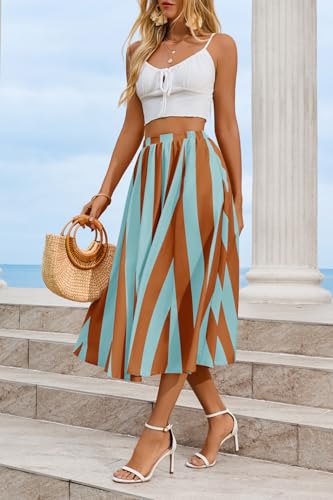 Image of Cicy Bell Womens Summer Striped Maxi Skirts A-Line Beach Vacation Outfits | Elastic Waist, Side Pockets, Flowy, Midi Length, Color Contrast, Trendy Casual