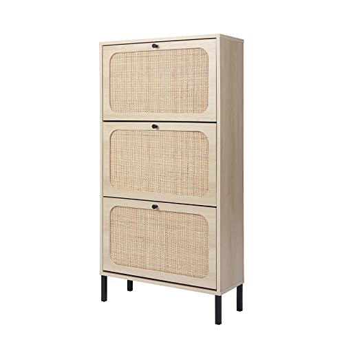 Natural Rattan Shoe Cabinet For Entryway Slim, 3 Drawer Tipping Bucket Shoe Organizer Cabinet With Metal Legs For Entryway, Hallway, Bedroom #TOP4