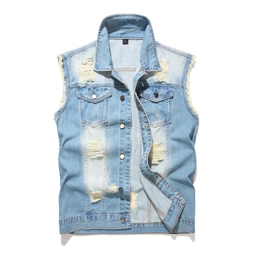 RANMCC Men's Denim Vest, Slim Fit Ripped Casual Sleeveless Jean